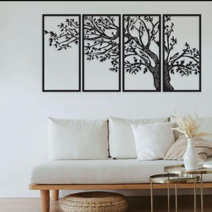 Elegant 4-Panel Tree Wall Art – Wooden Abstract Design